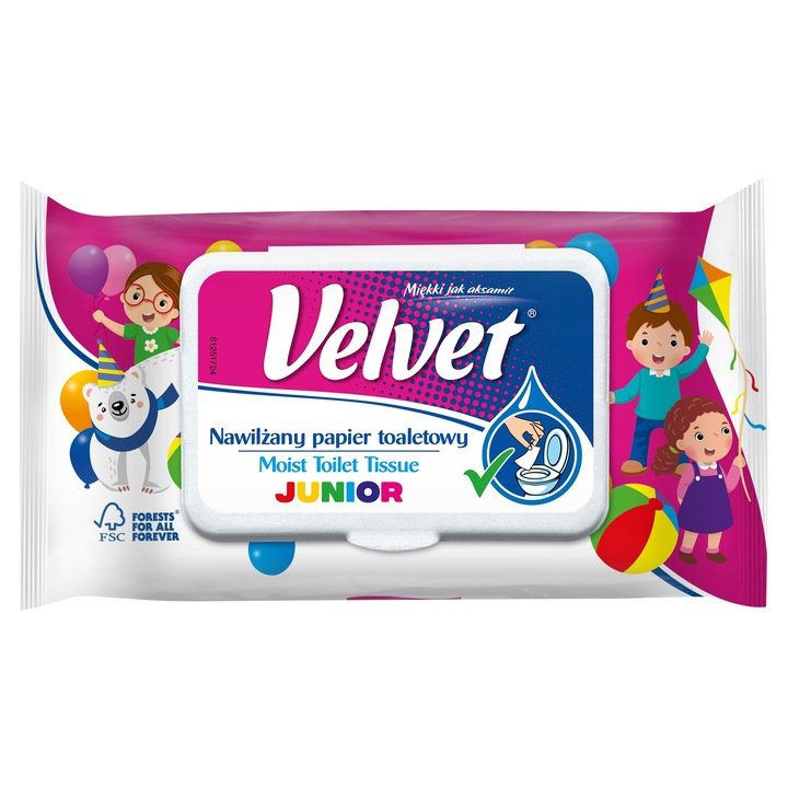 Nawilżany papier toaletowy Velvet Junior, 42 szt, delikatne nawilżenie dla skóry