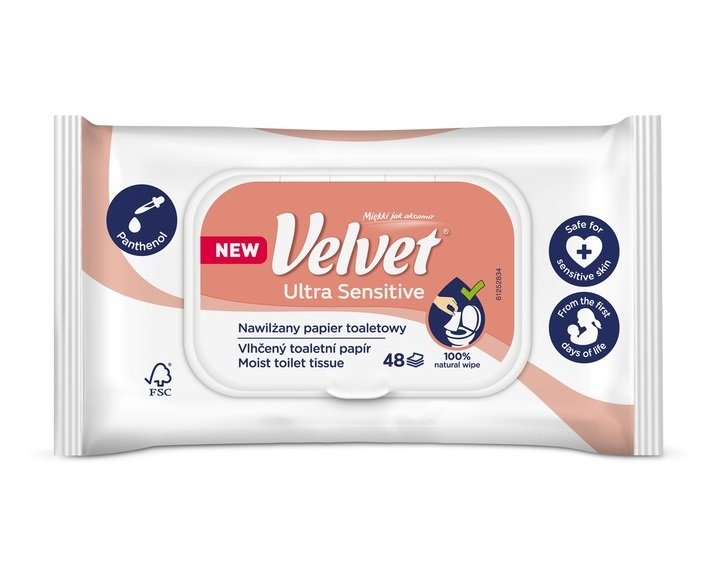 Nawilżany papier toaletowy Velvet Sensitive, bezzapachowy, dla skóry wrażliwej