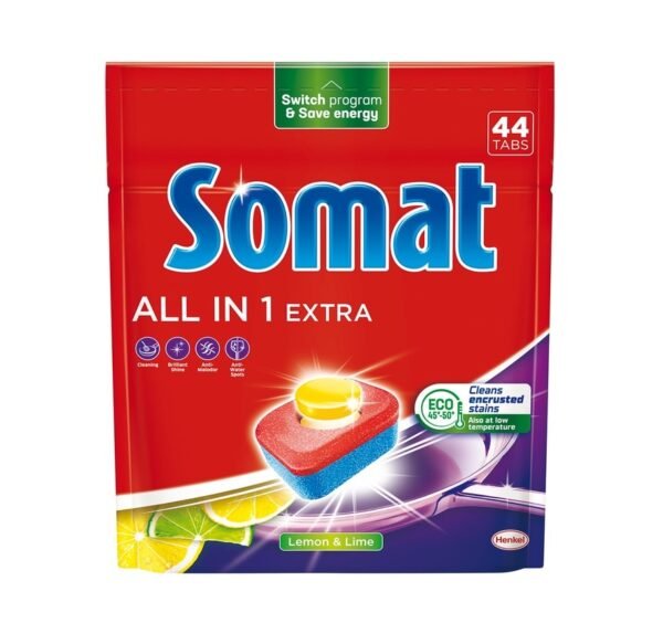 Tabletki SOMAT All In One A44 Cytryna – 44 szt. kompleksowe czyszczenie, nabłyszczanie i ochrona zmywarki